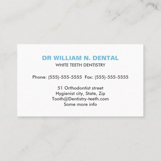 Dentist, tandheelkundig blauw visitekaartje met ta (Achterkant)