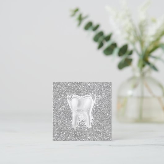 Dentist Tooth Modern Silver Glitter Dental Clinic Vierkante Visitekaartje (Staand voorkant)