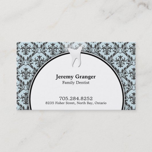 Dentist Visitekaartje - Tooth Damask Blue White (Voorkant)