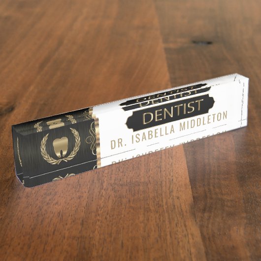 Dentist - zwart, wit en goud naambordje (Zijkant)