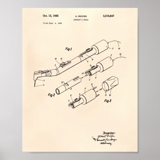 Dentist's Drill 1965 Patent Art Old Peper Poster (Voorkant)