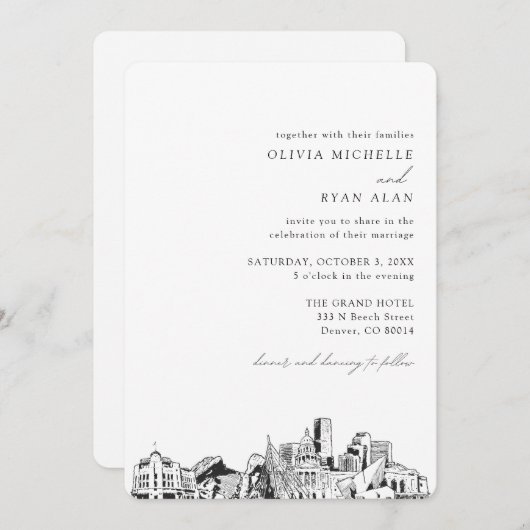 Denver bruiloft elegante skyline uitnodiging (Voorkant / Achterkant)