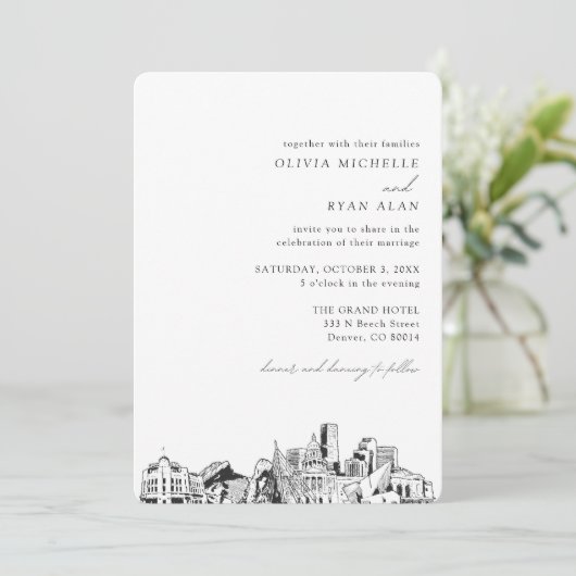 Denver bruiloft elegante skyline uitnodiging (Staand voorkant)