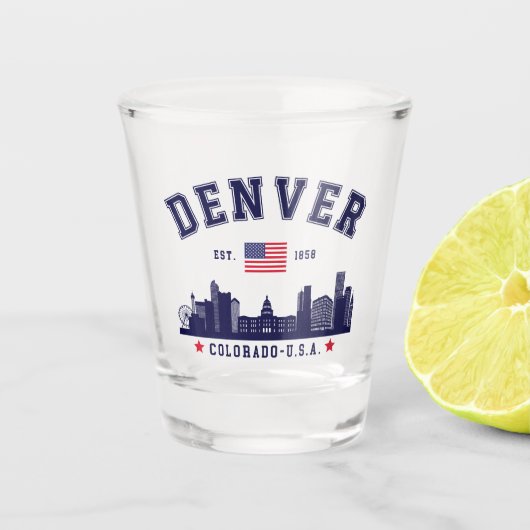 Denver CO Skyline Souvenir Design Shot Glas (Voorkant)