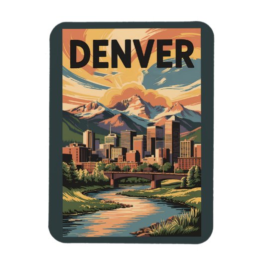 Denver Colorado Illustratie Sunset Travel Art Magneet (Verticaal)