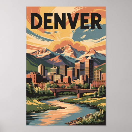 Denver Colorado Illustratie Sunset Travel Art Poster (Voorkant)