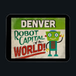 Denver Colorado Robot - Funny  Magneet<br><div class="desc">Een charmante Denver Colorado vintage reiskoelkast magnet met een grappige en vriendelijke robot,  samen met een leuke retro-stijl tekst die zegt: "Zie je in Denver"</div>