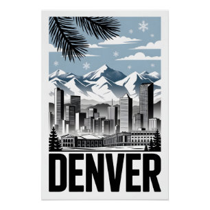 Denver Colorado Silhouette Zwart Wit Houtsnede Perfect Poster