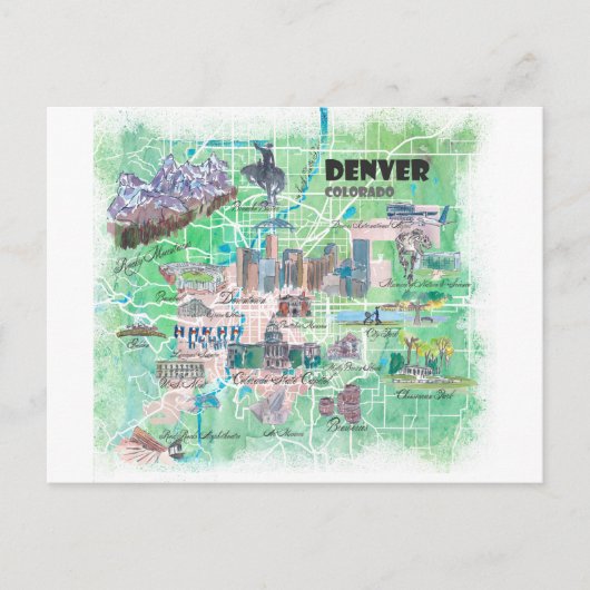 Denver Colorado USA Illustrated Map met Main Road Briefkaart (Voorkant)