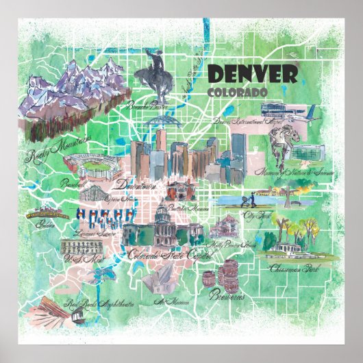 Denver Colorado USA Illustrated Map met Main Road Poster (Voorkant)