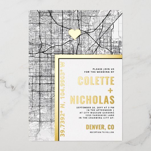 Denver Love Locator | Stad thema bruiloft Folie Uitnodiging (Voorkant)