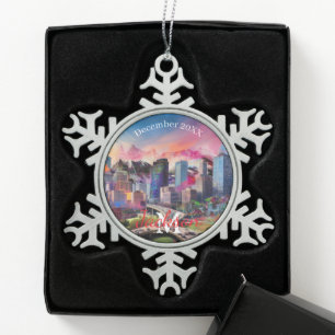 Denver Skyline Snowflake Pewter Kerstversiering Tin Sneeuwvlok Ornament
