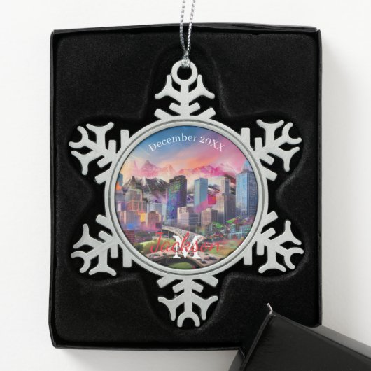 Denver Skyline Snowflake Pewter Kerstversiering Tin Sneeuwvlok Ornament (Kistje)