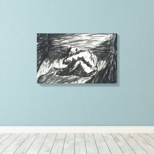 Depressie alleen in een donkere kamer-houtskooltek canvas afdruk (Insitu (Houten vloer))