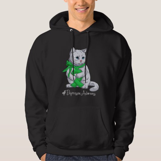 Depression Awareness Month Green Ribbon Cat Hoodie (Voorkant)