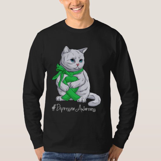 Depression Awareness Month Green Ribbon Cat T-shirt (Voorkant)