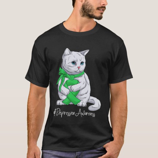 Depression Awareness Month Green Ribbon Cat T-shirt (Voorkant)