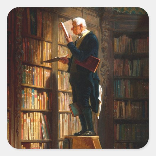 Der Bücherwurm von Carl Spitzweg Deutsche Malerei Vierkante Sticker (Voorkant)