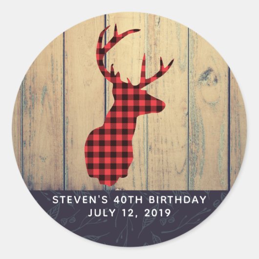 Der Head met Antlers op Faux Wood Birthday Ronde Sticker (Voorkant)