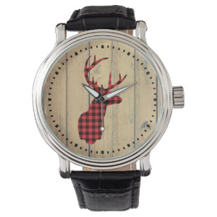 Der Head met Antlers op Faux Wood Horloge