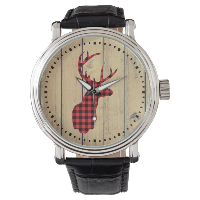 Der Head met Antlers op Faux Wood Horloge (Voorkant)