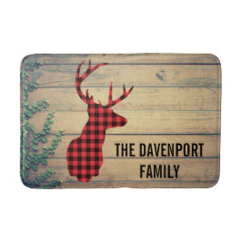 Der Head met Antlers op houten planken met bladere Badmat