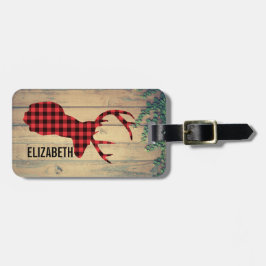 Der Head met Antlers op houten planken met bladere Bagagelabel