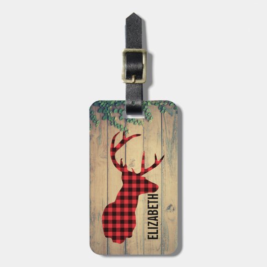 Der Head met Antlers op houten planken met bladere Bagagelabel (Voorkant verticaal)