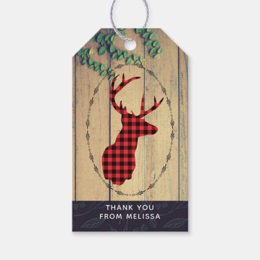 Der Head met Antlers op houten planken met bladere Cadeaulabel (Voorkant)