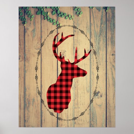 Der Head met Antlers op houten planken met bladere Poster (Voorkant)