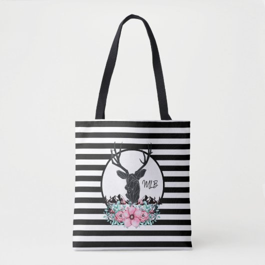 Der Head met roze bloemen bergen en monogram Tote Bag (Voorkant)