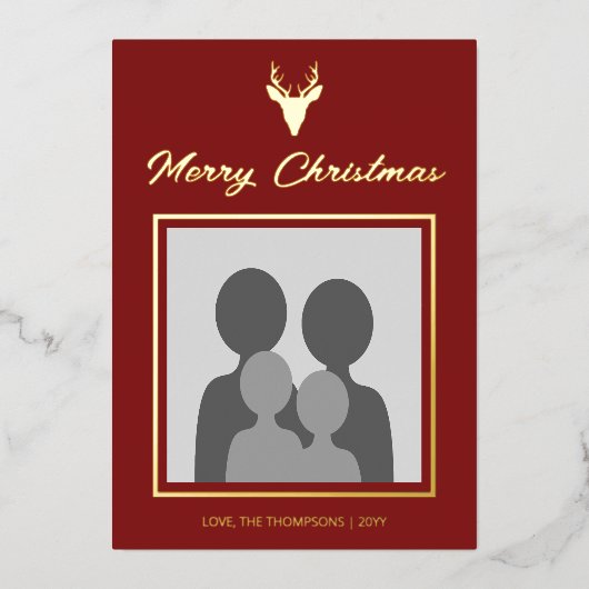 Der Head Silhouette met aangepaste foto op rood Folie Feestdagenkaart (Voorkant)