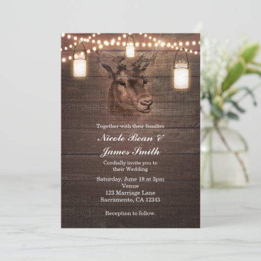 Der Head String Lights & Wood Wedding Invitations Kaart (Staand voorkant)