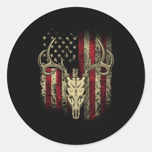 Der Hunters Deer Skull op Amerikaanse vlag Ronde Sticker (Voorkant)
