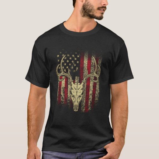 Der Hunters Deer Skull op Amerikaanse vlag T-shirt (Voorkant)