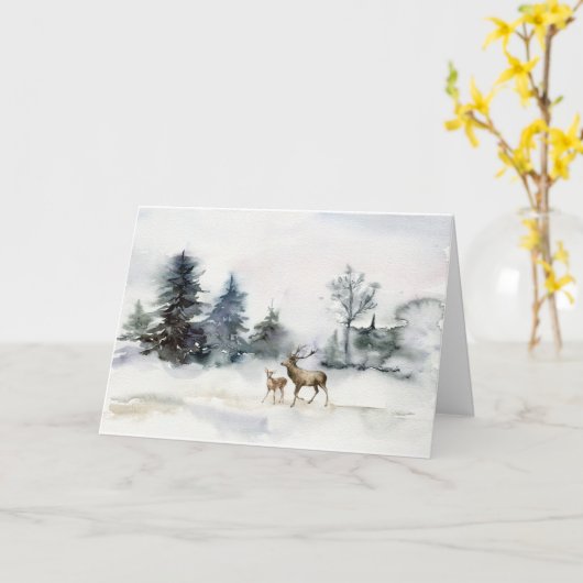 Der in de winterscène van de pine Trees kerstkaart Kaart (Gele Bloem)