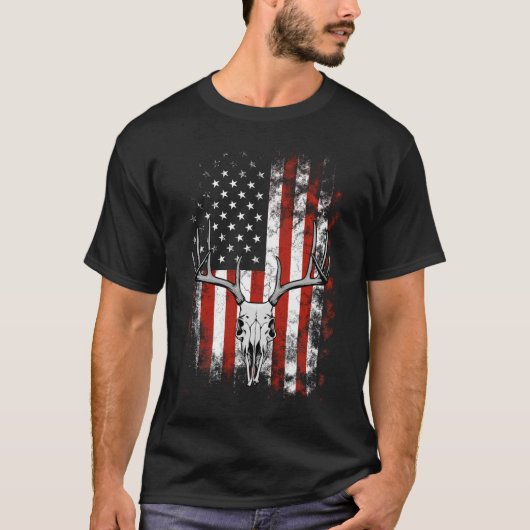 Der Skull met Antlers en Amerikaanse vlag T Shirt (Voorkant)