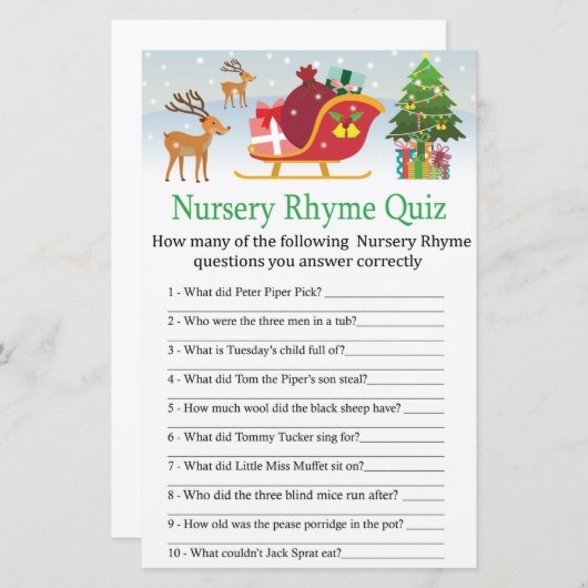 Der slee met cadeaus Nursery Rhyme Quiz game (Voorkant / Achterkant)