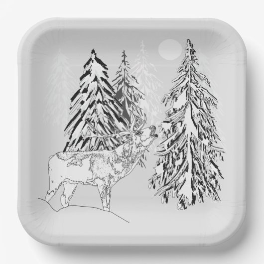 Der, winter, bos, kerstbomen, monochroom papieren bordje (Voorkant)