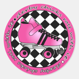 Derby Chicks Roll with it - Hot Pink Black White Ronde Sticker