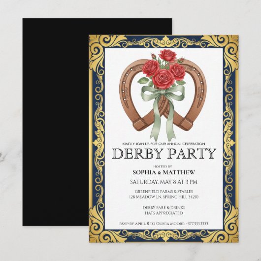Derby-feest uitnodiging Hoefijzer Bloemig Elegant (Voorkant / Achterkant)