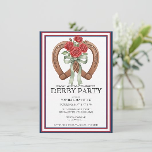 Derby-feest uitnodiging Hoefijzer Bloemstuk Muur K (Staand voorkant)