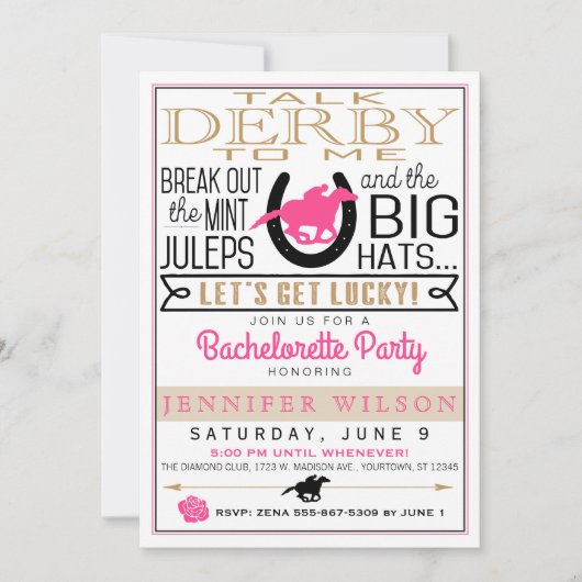 Derby Girly/Bachelorette Party Roze/Zwart/Goud Kaart (Voorkant)