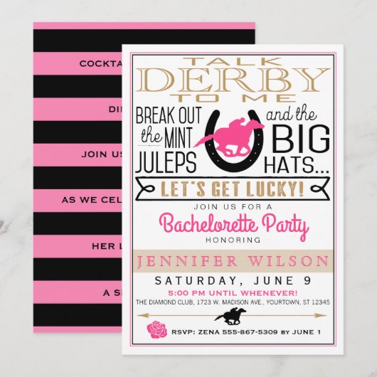 Derby Girly/Bachelorette Party Roze/Zwart/Goud Kaart (Voorkant / Achterkant)