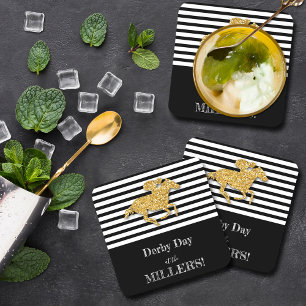 Derby Gold Racehorse en Jockey op Black Stripes Bier Onderzetter