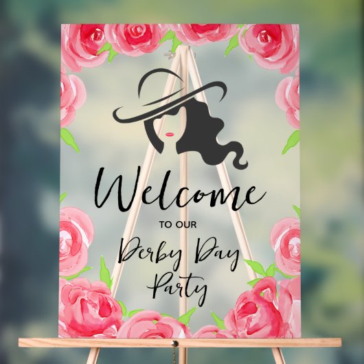 Derby Hat Lady Silhouette and Roses Welcome Acryl Bord (Neutraal)