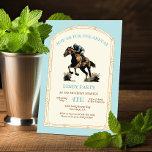 Derby Horse Racing Arts & Crafts houtsnede Party Kaart<br><div class="desc">Kunst en Ambachten Pairie Style Derby Horse Racing Party. Beschikt over een racepaard en ruiter in houtsnede met decoratief lijst met kleuren van crème, bruin en blauw. Perfect voor elke paardenrace gelegenheid zoals de derby, of een verjaardagsfeest. Alle formuleringen kunnen worden gewijzigd! Onderaan zie je "Wilt u dit ontwerp nog...</div>