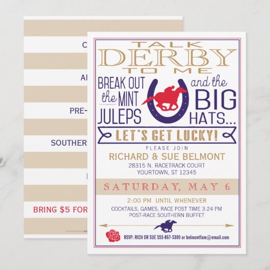 Derby Paard Racing Party Blauw/Rood/Goud Kaart (Voorkant / Achterkant)