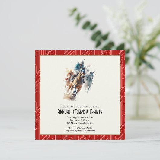 Derby Paarden en Jockeys Rode Partij Kaart (Staand voorkant)