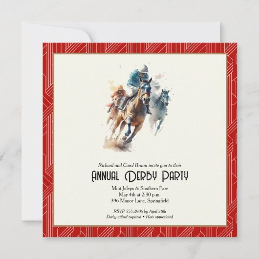 Derby Paarden en Jockeys Rode Partij Kaart (Voorkant)